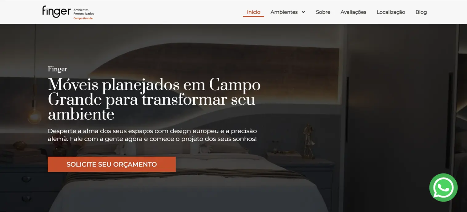 Captura de tela do site da Finger Móveis Planejados