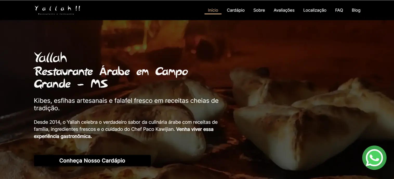 Captura de tela do site do Yallah! Restaurante Árabe