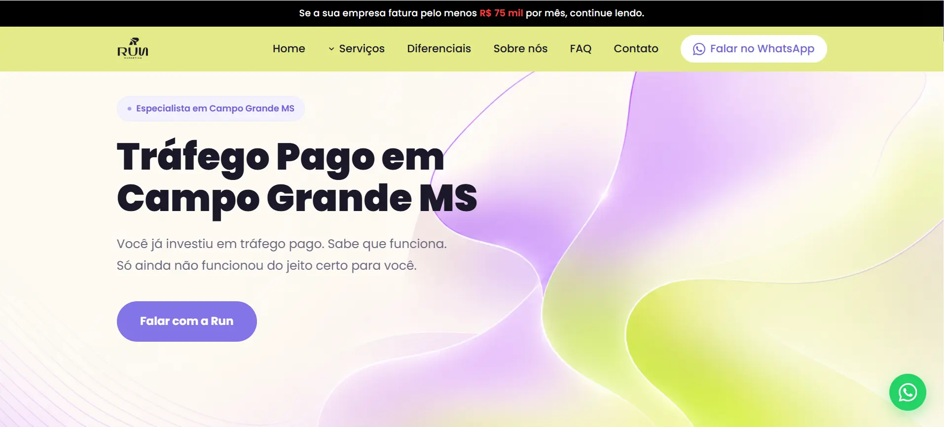Captura de tela do site da Run Marketing