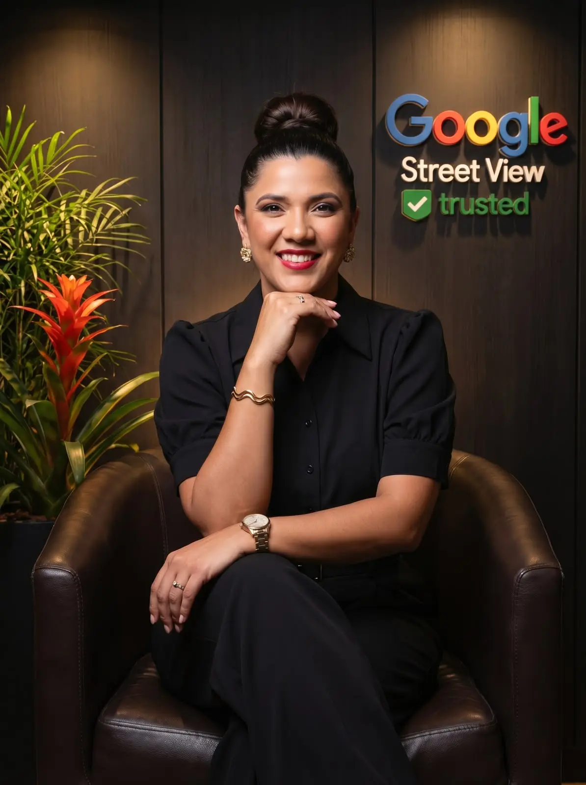 Viviane Burigato sorrindo em frente ao selo Google Street View Trusted